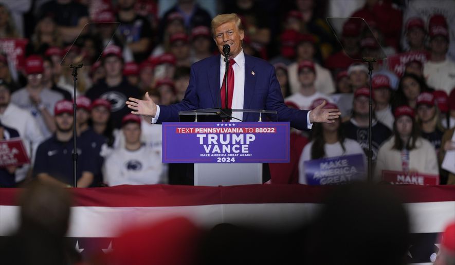 Former President and Republican Presidential Candidate Donald Trump speaking at his rally in State College, Pennsylvania